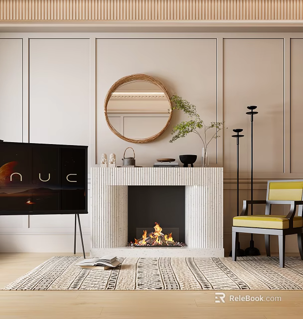 Fireplace With Light Stone Surround In Cozy Living Room 3d model 
