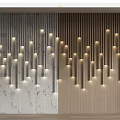 Modern Accent Wall With Gray Marble Texture And Wooden Slats Featuring Vertical Illuminated Light Strips