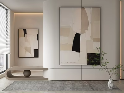 Modern Interior Design With Abstract Paintings Bench Vase And Window Rug 3d model