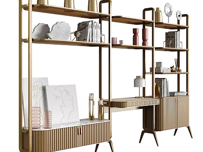 Modern Bookcase With Wooden Shelves Metal Frame And Decorative Books Vases Table Lamp 3d model