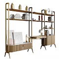 Modern Bookcase With Wooden Shelves Metal Frame And Decorative Books Vases Table Lamp