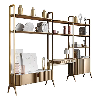 Modern Bookcase With Wooden Shelves Metal Frame And Decorative Books Vases Table Lamp 3d model