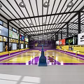 Basketball Gym Interior With Large Screen Basketball Game Yellow Purple Decor And Wall Posters