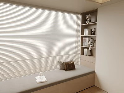 Minimalist Modern Window Seat With Gray Cushion Brown Pillows Open Book And Wooden Bookshelf Blinds 3d model