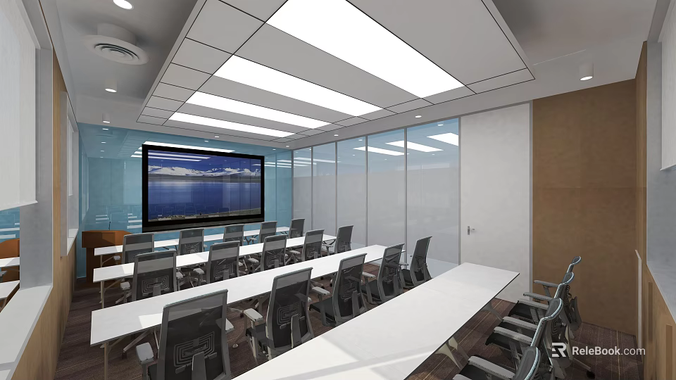 Modern Conference Room Interior With Large Projection Screen White Tables Black Chairs And Glass Partitions 3d model 