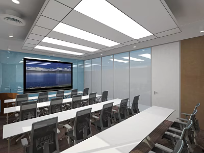 Modern Conference Room Interior With Large Projection Screen White Tables Black Chairs And Glass Partitions 3d model