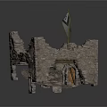 Detailed Miniature Castle Model With Stone Walls Ruined Structure Wooden Door And Flag