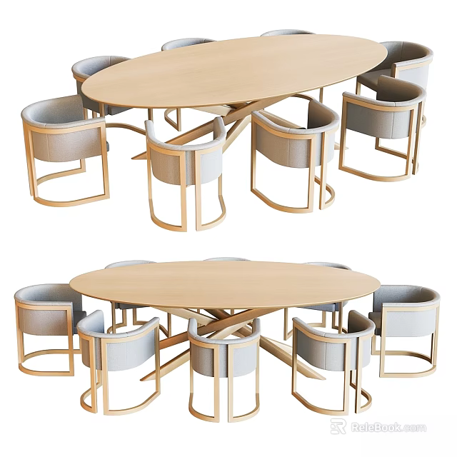Modern Light Wood Oval Dining Table And Upholstered Chairs Set For Comfortable Home Dining Room 3d model 