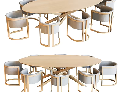 Modern Light Wood Oval Dining Table And Upholstered Chairs Set For Comfortable Home Dining Room 3d model