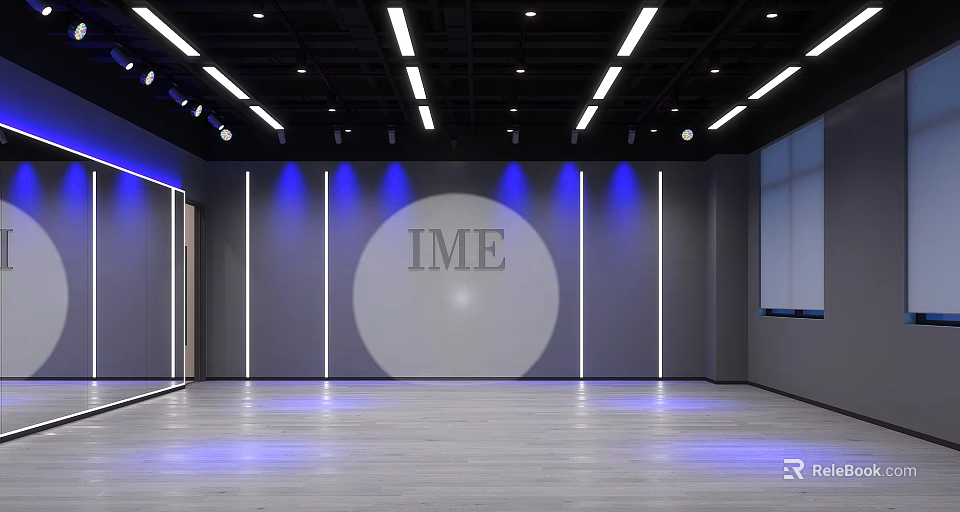 IME Modern Fitness Studio With Blue Lighting Gray Walls And Wooden Floor 3d model 