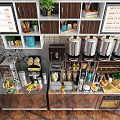 Functional Table In Modern Kitchen With Stainless Steel Cabinets Appliances Plants And Menu Boards