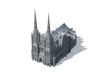 Gothic European Architecture With Twin Spires Arched Windows And Intricate Carvings 3d model