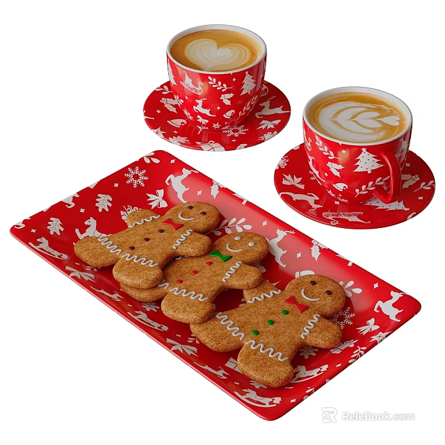 Festive Gingerbread Men Cookies And Latte On Red Snowflake Pattern Plates 3d model 
