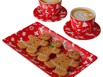 Festive Gingerbread Men Cookies And Latte On Red Snowflake Pattern Plates 3d model