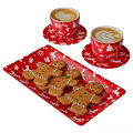 Festive Gingerbread Men Cookies And Latte On Red Snowflake Pattern Plates 3d model