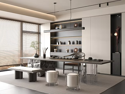 Modern Tea Room Interior With Wooden Table Tea Sets And Comfortable Seating 3d model