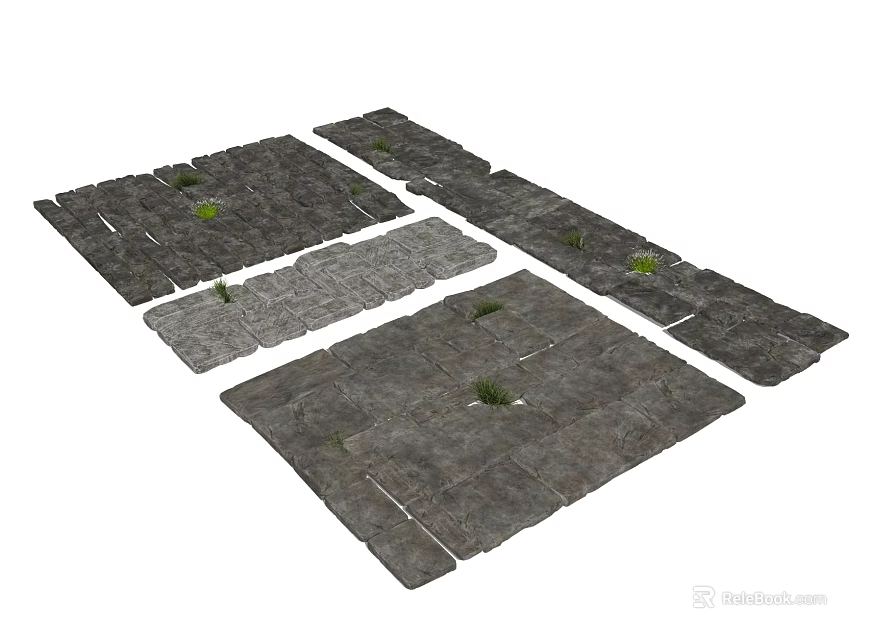 Natural Garden Stepping Stones Path With Grass Growing Between Gray Slabs 3d model 