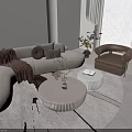 Curved Sofa Coffee Table Combination With Accent Armchair Decorative Pillows Throw Blanket And Green Plant