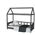 Kids Bed With House Shaped Frame Dark Gray Design And White Pillows Gray Blanket