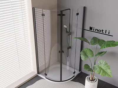Modern Black Frame Glass Shower Enclosure with Rainfall Shower Head and Green Potted Plant 3d model