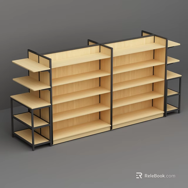 Modern Retail Display Shelves With Wooden Tiers And Black Metal Frame 3d model 