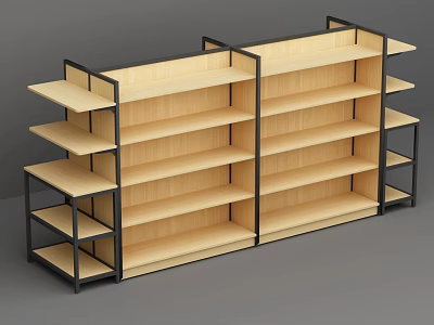 Modern Retail Display Shelves With Wooden Tiers And Black Metal Frame 3d model