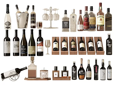 Assorted Wine Bottles And Glasses Collection With Storage Racks And Accessories 3d model