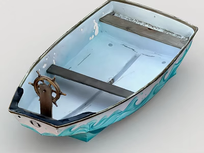 Vintage Wooden Boat With Light Blue Interior Wooden Steering Wheel and Blue Wave Patterns 3d model