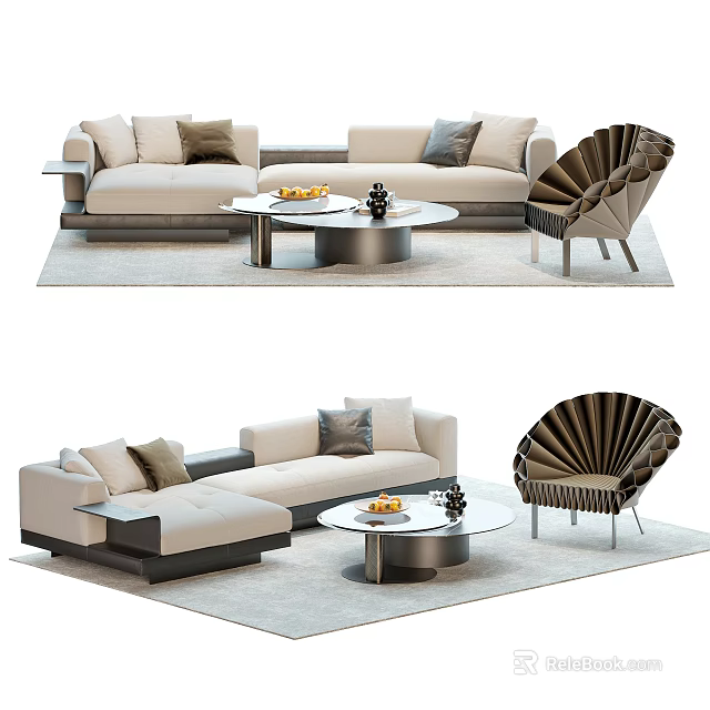 Elegant Modern Sofa Coffee Table Set With Beige Pillows Shell Shaped Accent Chair 3d model