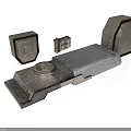Industrial Metal Equipment Components Featuring Control Panel And Geometric Modular Blocks With Metallic Texture