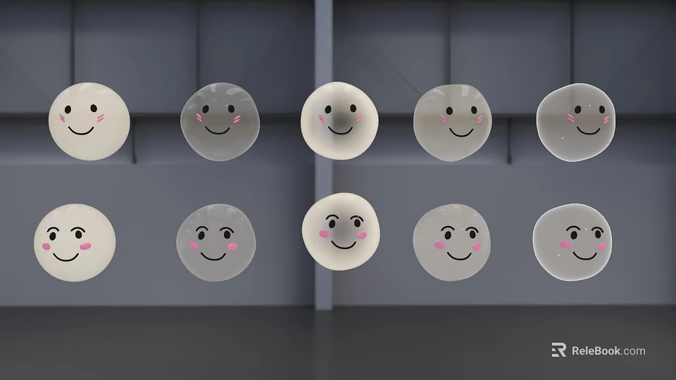 Multiple Round Transparent Objects With Smiling Faces Arranged Against Gray Background 3d model 