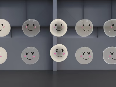 Multiple Round Transparent Objects With Smiling Faces Arranged Against Gray Background 3d model