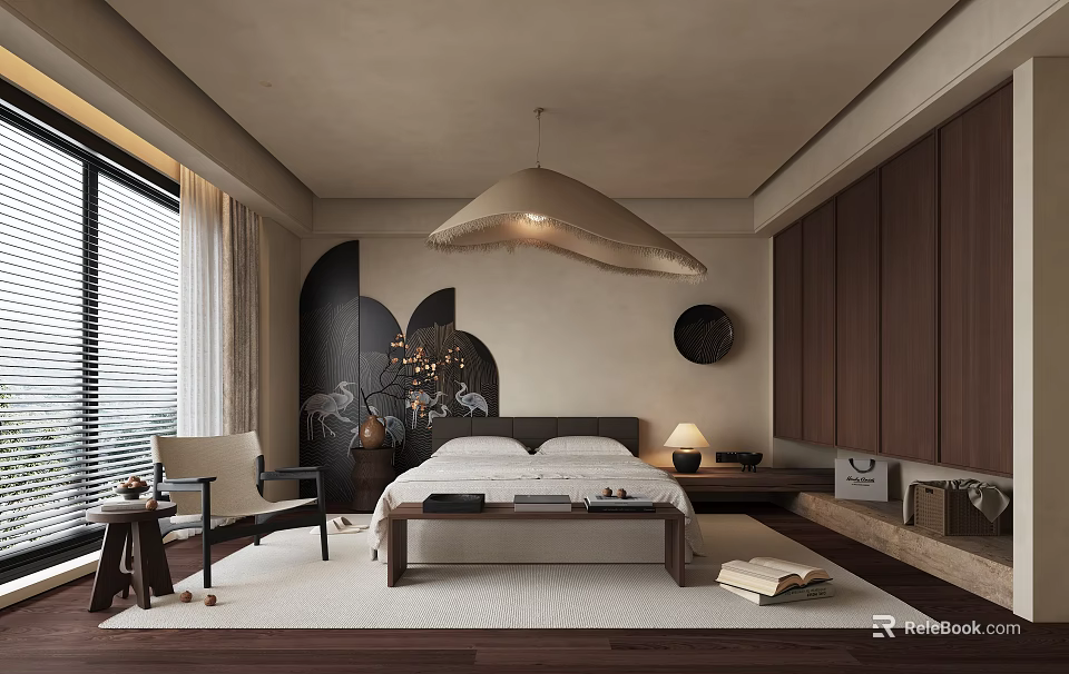 Modern Bedroom Interior Design With Large Bed Pendant Light Wooden Cabinets And Window Armchair 3d model 