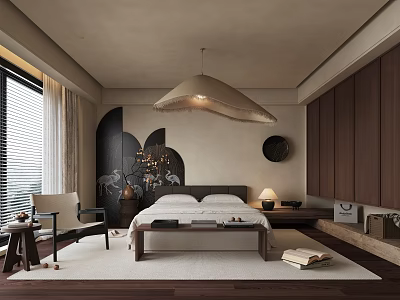 Modern Bedroom Interior Design With Large Bed Pendant Light Wooden Cabinets And Window Armchair 3d model
