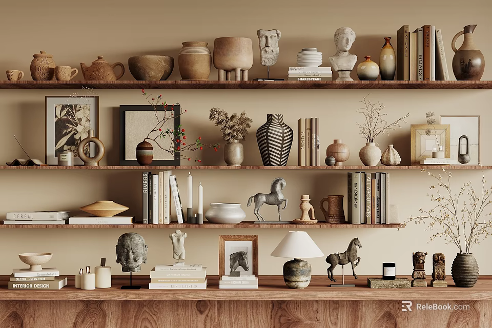 Decorative Ornament Combinations on Wooden Shelves with Clay Pots Sculptures Books and Vases 3d model 