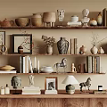 Decorative Ornament Combinations on Wooden Shelves with Clay Pots Sculptures Books and Vases