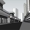 Modern Commercial Street With Glass Railings Canopy Pedestrian Walkway And Tall Buildings