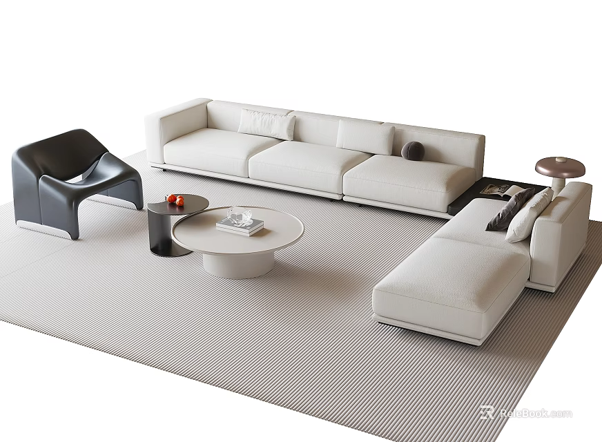 Modern White Sectional Sofa And Round Coffee Table Set With Black Accent Chair 3d model 