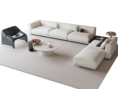Modern White Sectional Sofa And Round Coffee Table Set With Black Accent Chair 3d model