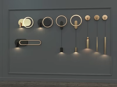 Modern Metal Wall Lamps with Various Designs Illuminated on Gray Wall Surface 3d model