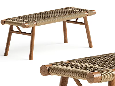 Natural Wooden Stool With Woven Seat And Minimalist Design For Home 3d model