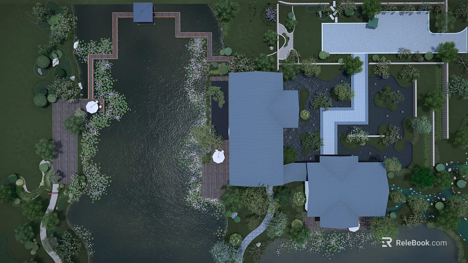 Modern Waterfront Landscape Design With Wooden Deck Greenery Pathways And Scenic Water 3d model 