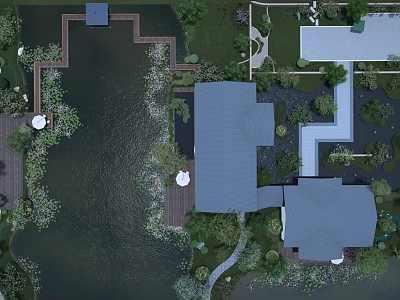 Modern Waterfront Landscape Design With Wooden Deck Greenery Pathways And Scenic Water 3d model