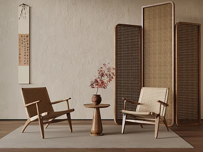 Woven Rattan Screen Modern Interior With Wooden Chairs Small Round Table And Flower Vase 3d model