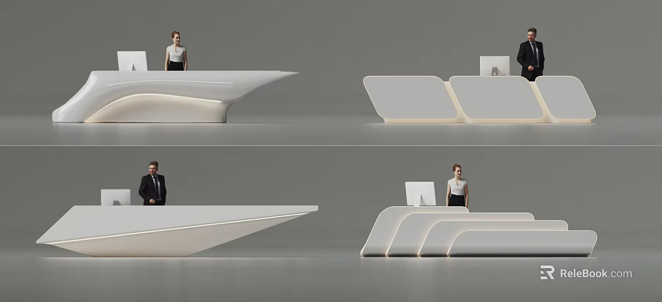 Modern Reception Desk Interior Design With Sleek Curved Shape Staff And Computer 3d model 