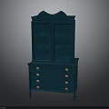 Vintage Deep Blue Cabinet with Diamond Lattice Glass Doors and Golden Knobs Drawers
