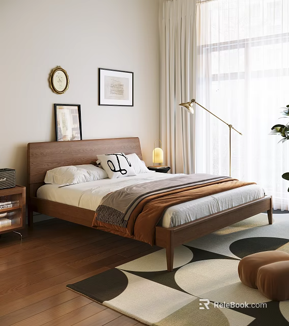 Wooden Double Bed in Modern Bedroom with White Pillows Nightstand and Window Curtains 3d model 