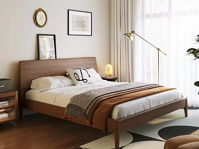 Wooden Double Bed in Modern Bedroom with White Pillows Nightstand and Window Curtains 3d model