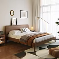 Wooden Double Bed in Modern Bedroom with White Pillows Nightstand and Window Curtains