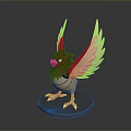 Detailed 3D Flying Creature with Red Beige Feathers Outstretched Wings on Black Base